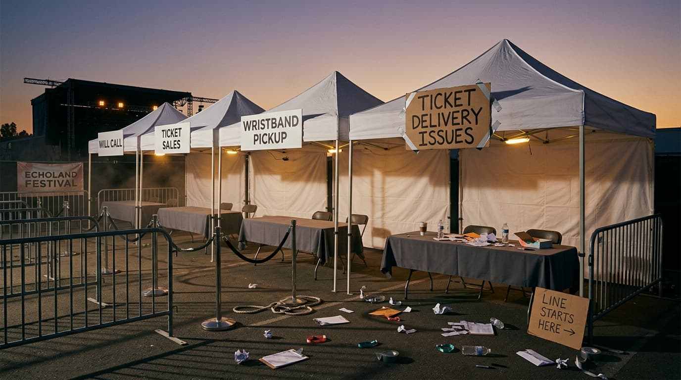 Empty festival box office tents at dusk after the rush. Three printed signs read Will Call, Ticket Sales, and Wristband Pickup. A handwritten cardboard sign reads Ticket Delivery Issues. The post-event aftermath of a fulfillment surge that real-time event operations would have caught earlier.